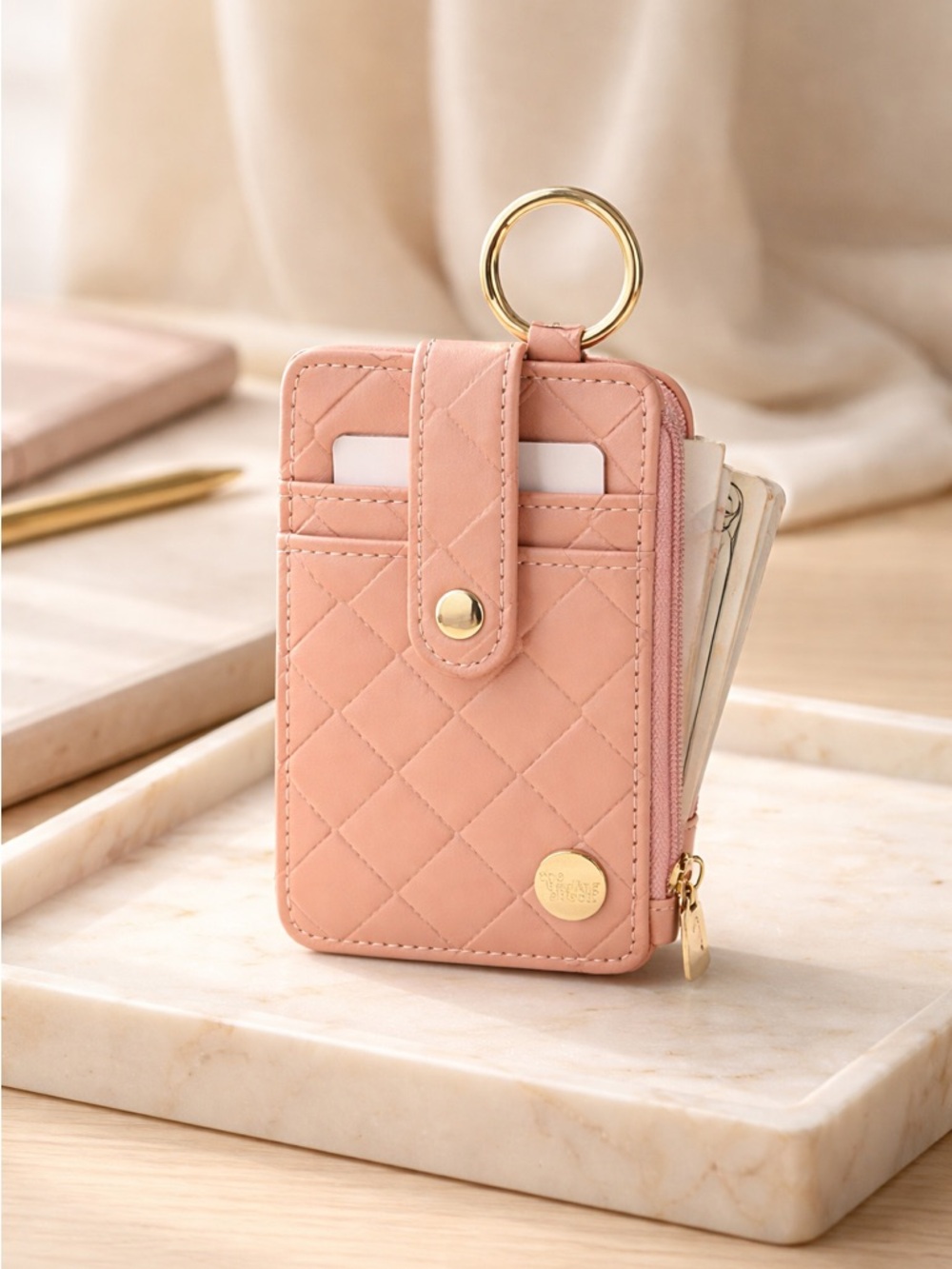 NWT The Darling Effect Woven Keychain Wallet Card Holder - Rose Color